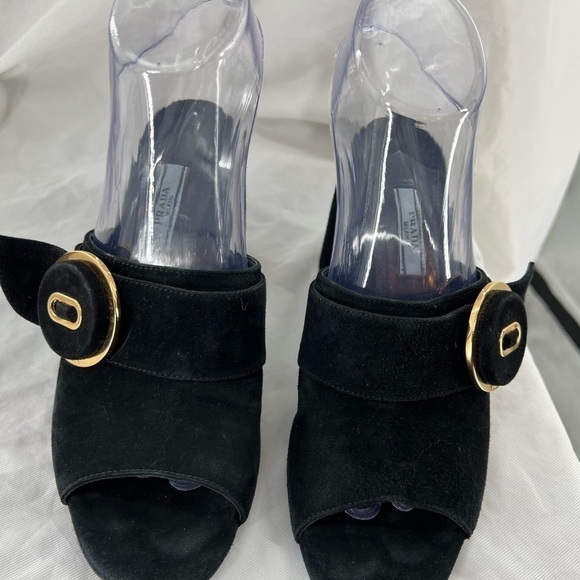 PRADA MILANO BLACK SUEDE CHUNKY HEEL SANDAL BLACK SIZE 37 EUR SIZE 6.5 US - Picture 2 of 16